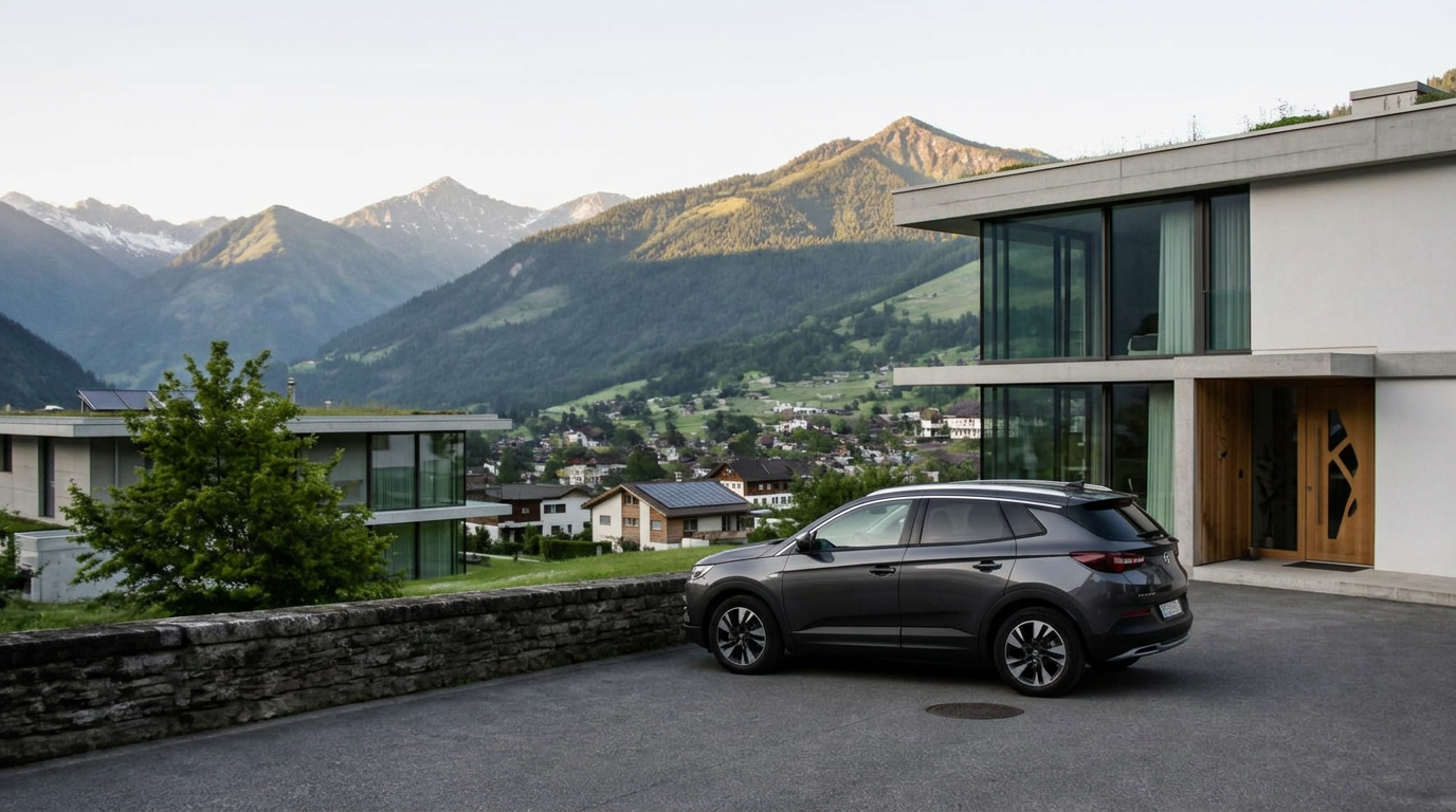 Dunkelgraues Geschäftsauto (Opel Grandland) unterwegs im Glarnerland